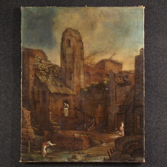 Antique Spanish painting landscape architecture figures oil art 18th century