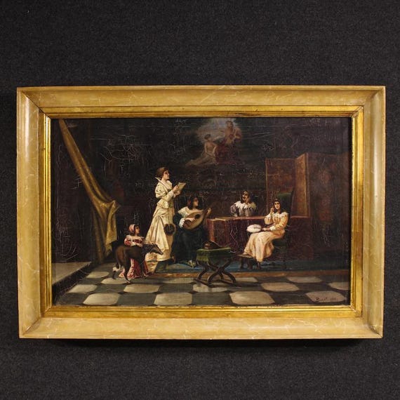 Italian painting interior scene artwork oil on canvas signed F. Bonati 1913