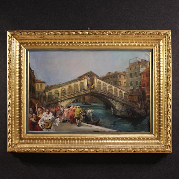 C. Mannucci Oil Painting, Carnival on Rialto Bridge, Venetian Scene (78x118cm)