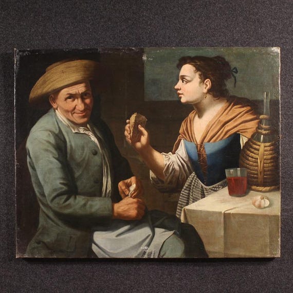 Antique genre scene painting Lombard artwork oil on canvas 17th century