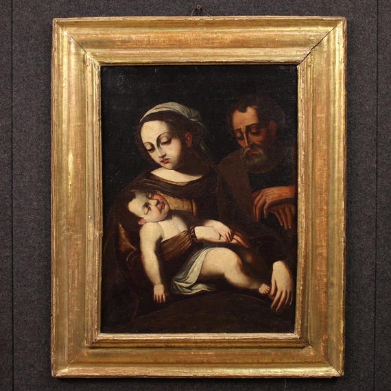 Holy Family antique painting oil on canvas artwork Madonna Child 17th century