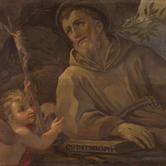 Saint Francis of Assisi antique religious painting oil on canvas 18th century