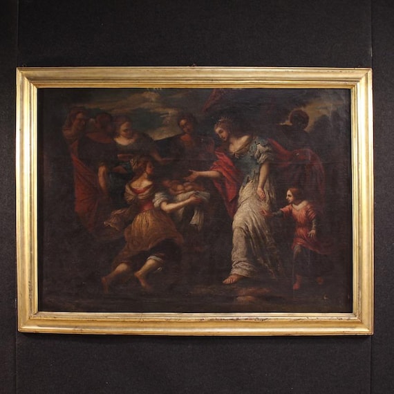 Antique Italian painting Moses saved from the waters oil on canvas 17th century