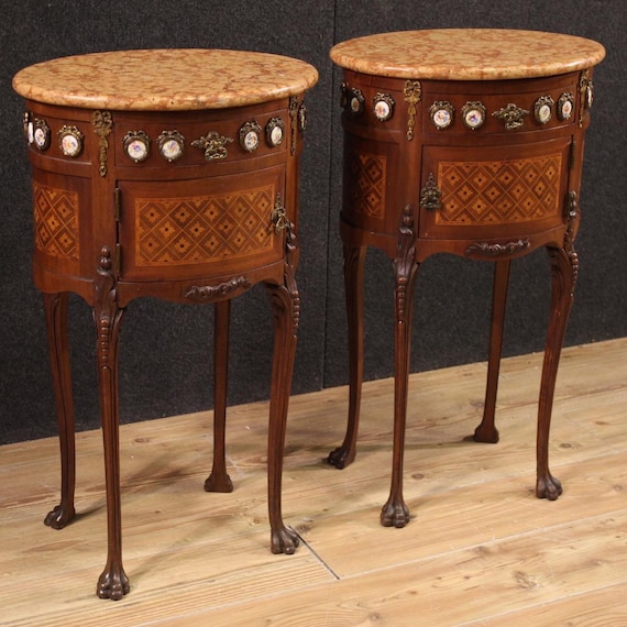 Pair of oval inlaid night stands furniture bedside tables marble 20th century