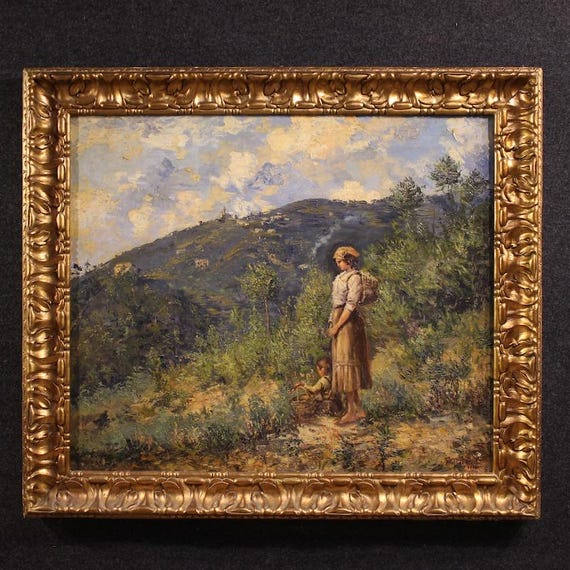 Italian painting oil on canvas artwork landscape figure 20th century signed
