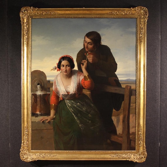 Signed Oil Painting, The Lovers, Italian Countryside, 1853 (Attributed to Bouterwek)