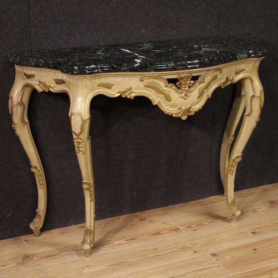Italian console furniture table in lacquered gilt wood marble top 20th century