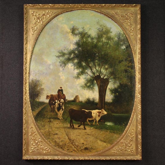 Italian painting countryside landscape artwork oil on canvas signed dated 1881