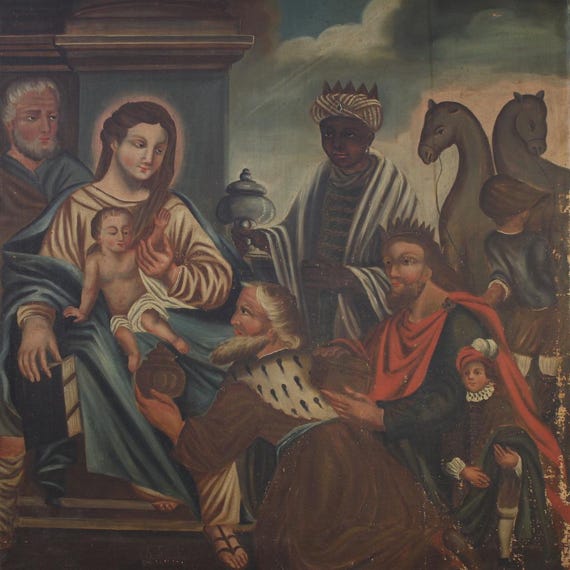 Antique Spanish religious painting Adoration of the Magi 19th century artwork