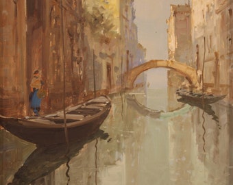 View of Venice canal gondola painting signed landscape oil canvas artwork 900