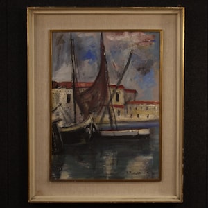 Tableau huile sur carton peinture paysage marine style ancien signé 900