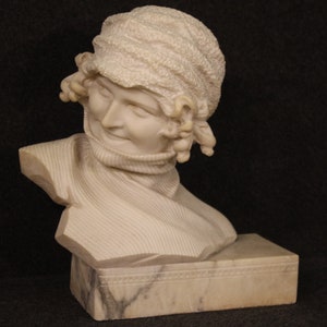 Marble signed statue woman portrait sculpture half bust girl 20th century
