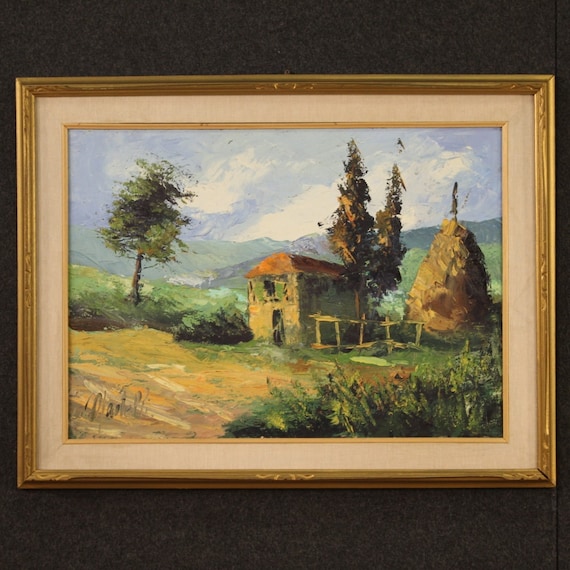 Landscape signed artwork oil on canvas painting countryside 20th century 900