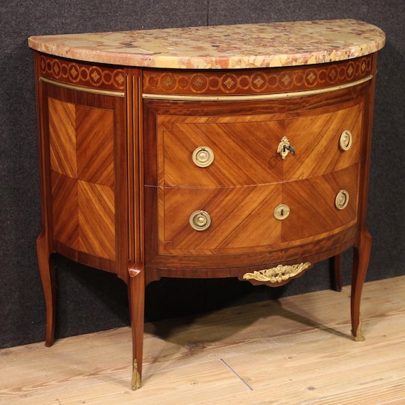 French half moon dresser commode inlaid wood marble Louis XVI style 20th cent