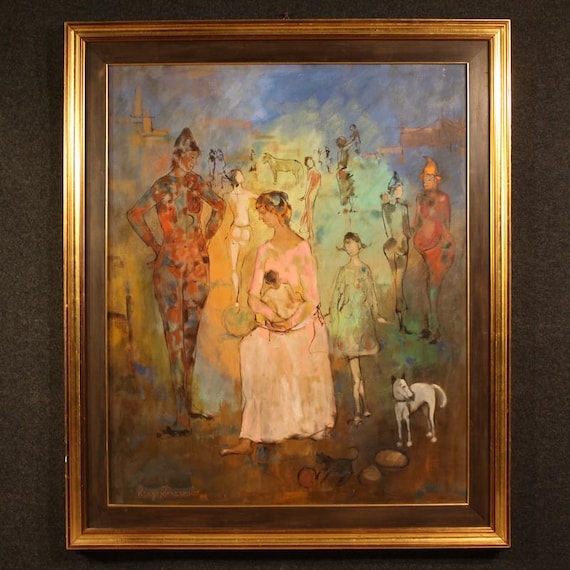 Italian painting acrobats family artwork on canvas 20th century signed dated