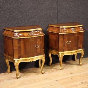 Pair Venetian night stands furniture bedside tables 20th century gold walnut