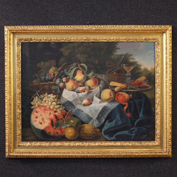 Antique still life painting oil on canvas Italian artwork fruits 17th century
