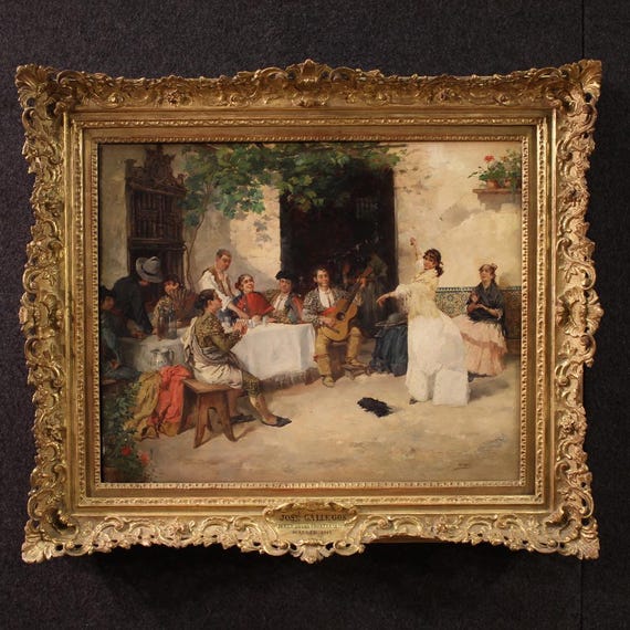 Painting signed Gallegos Spanish flamenco artwork oil on panel 19th century