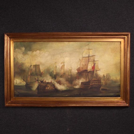 French seascape painting artwork Trafalgar battle oil on canvas 20th century