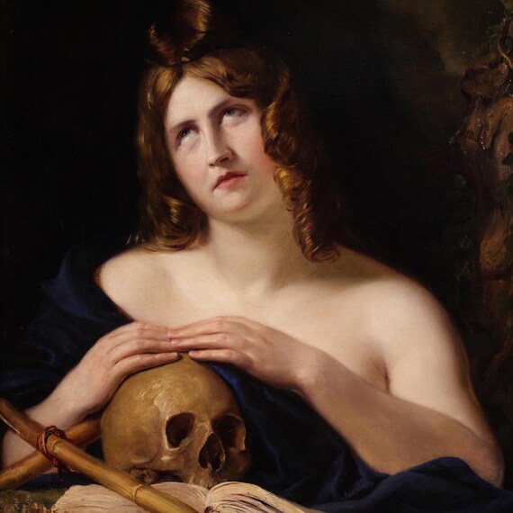 Penitent Mary Magdalene painting religious artwork oil canvas art 19th century