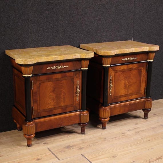 Pair of Italian night stands furniture in wood with marble top bedside tables