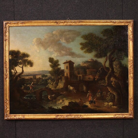 Antique bucolic landscape countryside view painting oil artwork 17th century