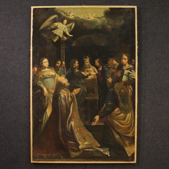 Antique religious painting Italian artwork Marriage of the Virgin 18th century