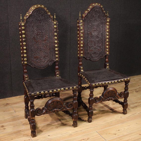 Pair of Italian antique chairs furniture seats armchairs leather wood 18th cent