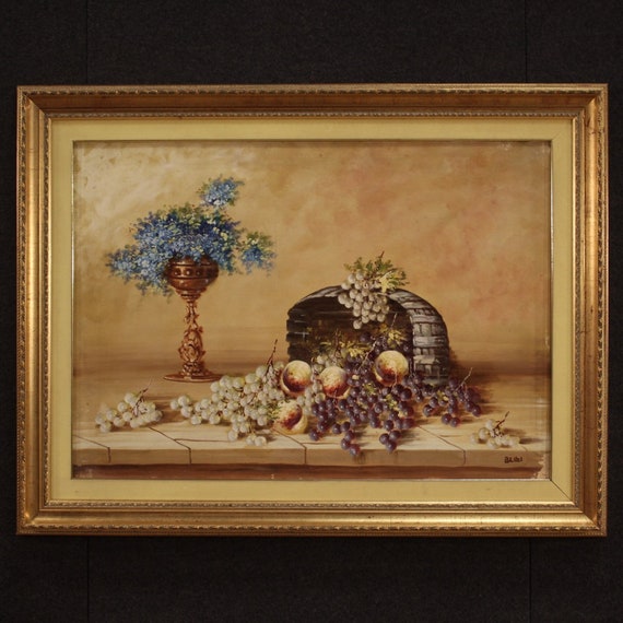 Signed still life vase fruits flowers gold frame painting oil on canvas 900