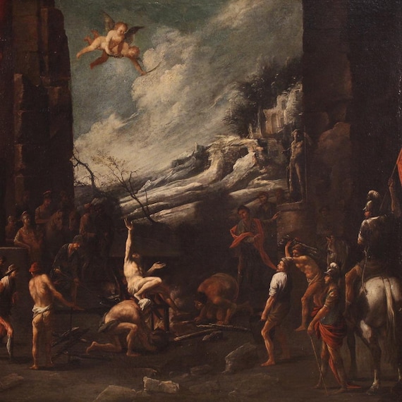 Martyrdom Saint Lawrence antique religious painting oil canvas art 17th century
