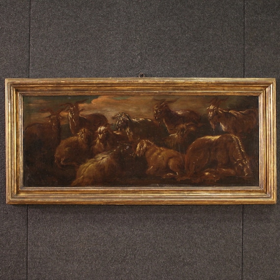 Antique painting 17th century goats animals artwork oil on canvas landscape 600