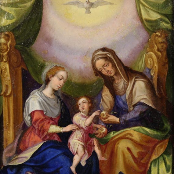 Antique copper painting oil artwork Saint Anne Madonna Child art 18th century