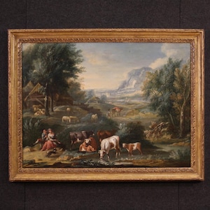 Bucolic landscape antique Italian painting oil canvas artwork art 18th century