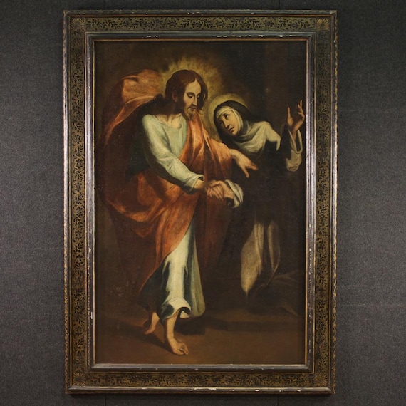 Great painting Christ Saint Catherine Siena art antique oil canvas 17th cent