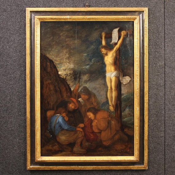 Flemish panel antique painting oil artwork crucifixion soldiers art 17th cent