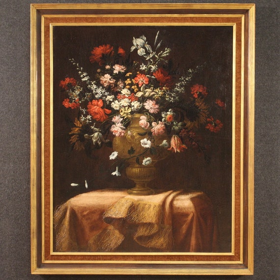 Antique painting oil on canvas still life vase flowers artwork 17th century