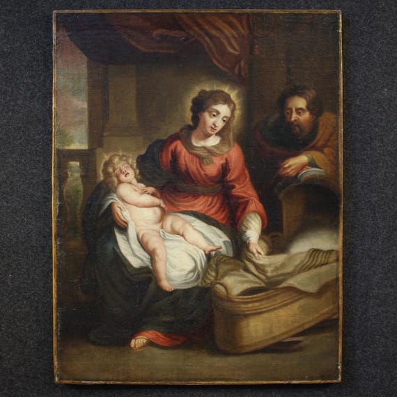 Painting Holy Family oil on canvas antique religious artwork 18th century 700