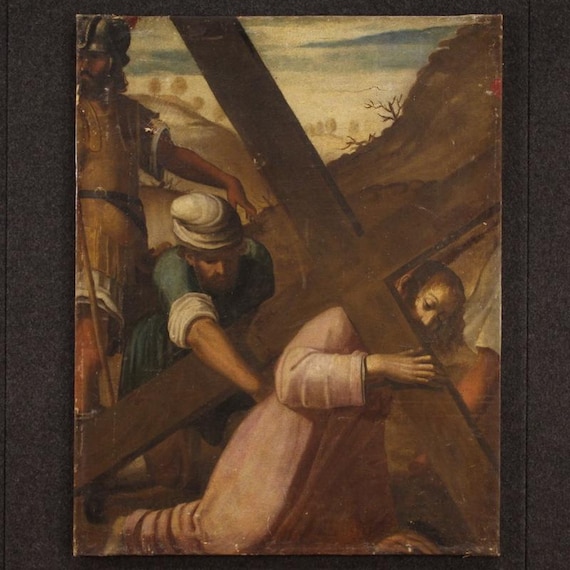 Antique religious painting Way of the Cross ascent to Calvary oil on canvas 600