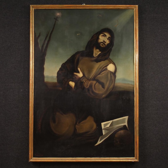 Painting Saint Francis Assisi Spanish artwork oil on canvas signed dated 1865