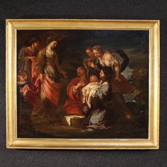 Antique religious painting Italian artwork Moses saved from waters 17th cent