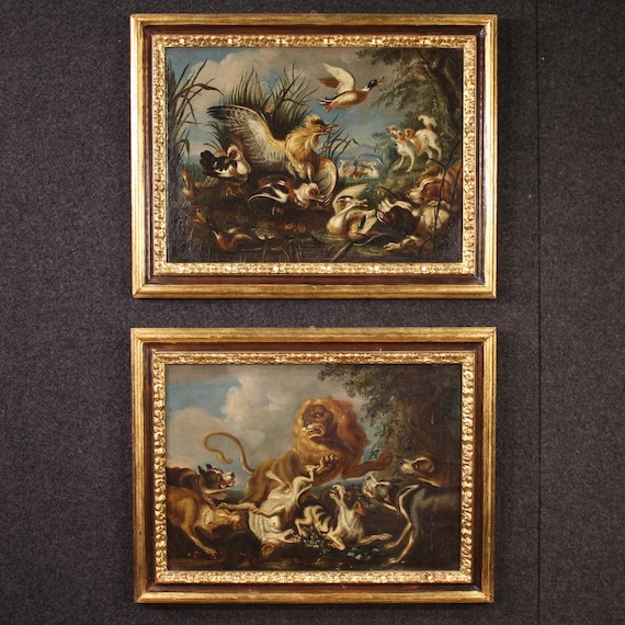 Pair Flemish paintings still life hunting scene oil canvas lion art birds 700