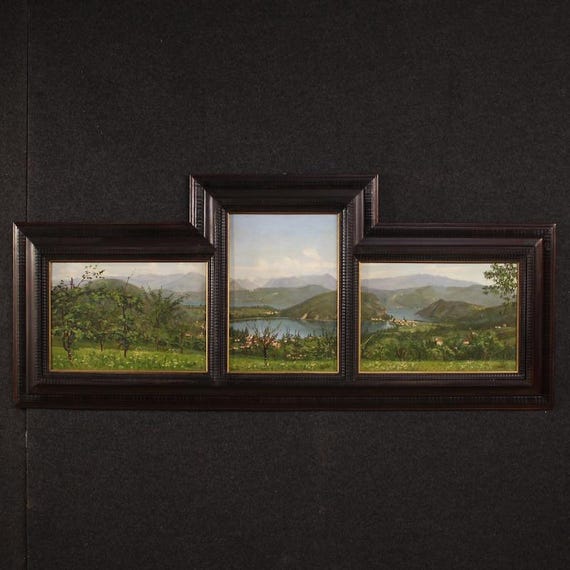 Triptych Italian paintings oil on panel landscape Lake Lugano 20th century