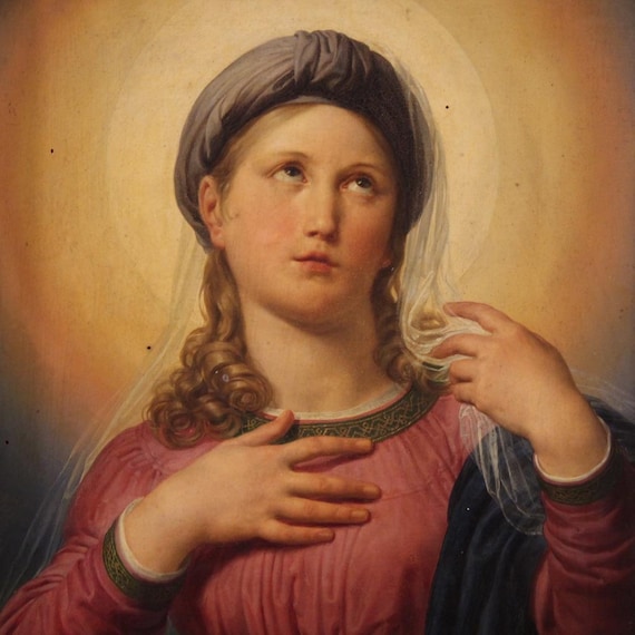 Painting oil on panel neoclassical art Madonna Virgin 19th century religious