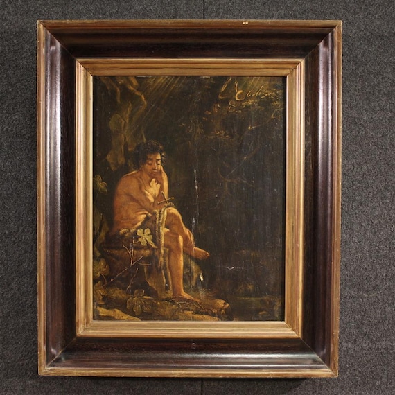 Antique painting religious artwork oil on panel Saint John Baptist 18th century