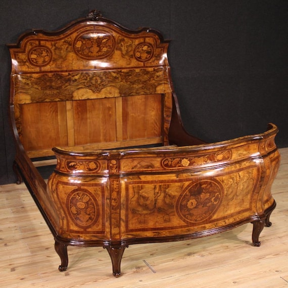 Lombard double bed in inlaid wood antique style Louis XV 20th century furniture