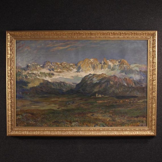 Antique Italian painting artwork oil on canvas signed landscape mountain 800