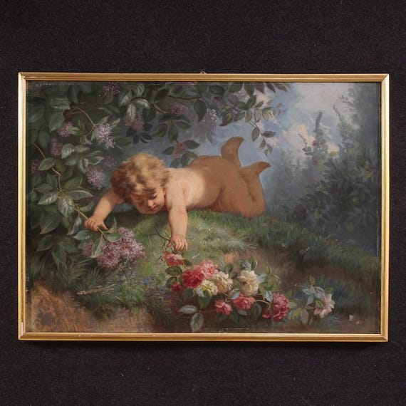 Antique painting Spring child artwork oil on canvas with fame 19th century