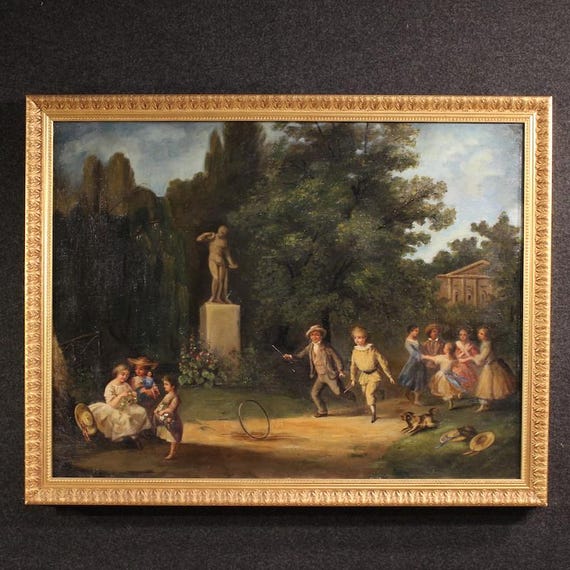 French painting oil on canvas artwork genre scene park children playing 900