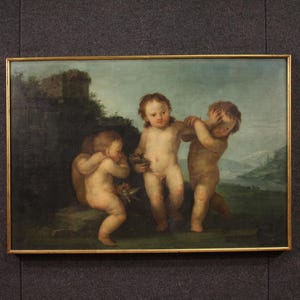 Antique Italian painting cherubs game oil on canvas Rococo artwork 18th century