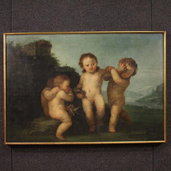 Antique Italian painting cherubs game oil on canvas Rococo artwork 18th century